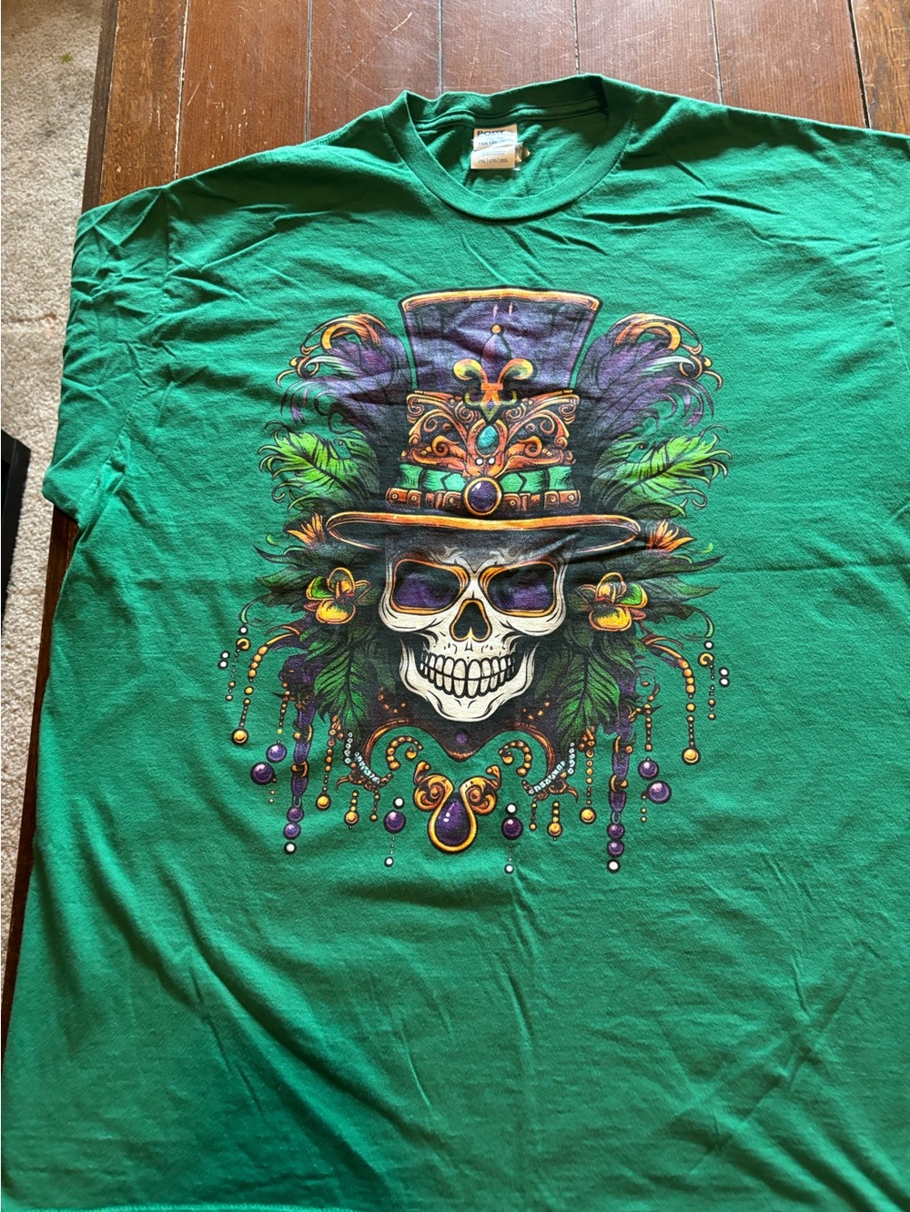 Mardi Gras Skull Graphic Tee Men’s 2XL Green New Orleans Festival Shirt